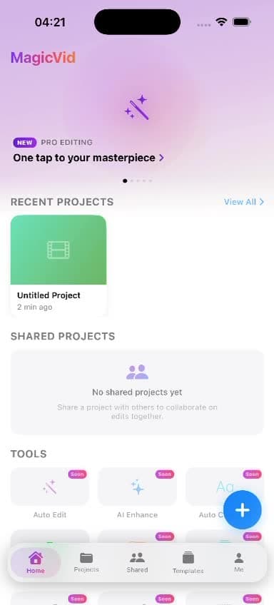 Project and template library inside the Videdit app